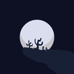 Vector Illustration of Cactus in the Ravine with Moon and Dark Solid Background.
