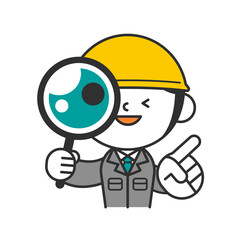 ヘルメットを被った作業服の男性　虫眼鏡