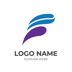 abstract letter F logo design flat blue and purple color style