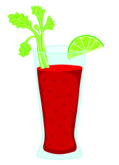 tomato juice or bloody mary, with lime and celery. flat illustration  isolated