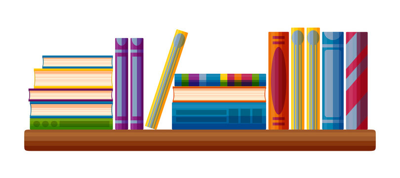 Shelf with book piles. Information point with books in cartoon style. Vector illustration isolated on white background