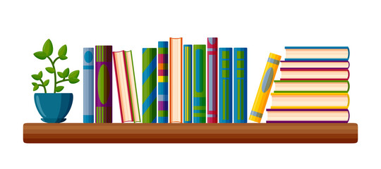 Shelf with books and potted plant. Read lover shelf in cartoon style. Vector illustration isolated on white background © liu_miu