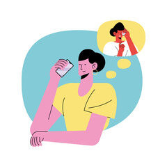 young couple calling with smartphone characters