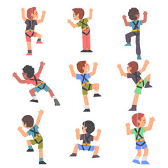 Fototapeta na wymiar Cute Boys Climbing Wall Set, Kid Climbers Characters Practicing Extreme Sport or Having Fun in Adventure Park Cartoon Style Vector Illustration