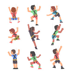 Fototapeta na wymiar Boy Rock Climbers Characters Set, Cute Kids Climbing Wall, Boys Doing Sports or Having Fun in Adventure Park Cartoon Style Vector Illustration