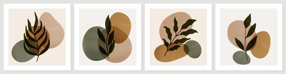 Botanical abstract art backgrounds vector. Summer square banner.  Foliage line art drawing with abstract shape. Works for wall framed prints, social media post, poster, home decor, cover, wallpaper.