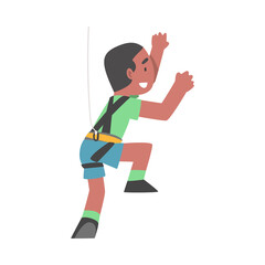 Smiling Boy Climbing Wall, Kid Climber Character Practicing Extreme Sport, Having Fun in Adventure Park Cartoon Style Vector Illustration