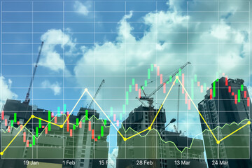 Business background of stock data analysis for presentation and report business on blurry silhouette real estate property development image at construction site.