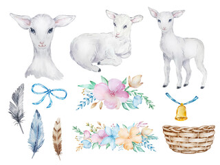Watercolor Happy Easter set. Lamb, feathers