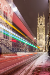 Fototapeta na wymiar Saint Bavo Cathedral of Ghent during snowfall