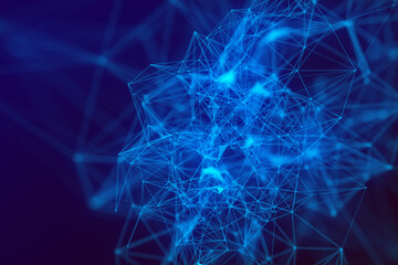 Abstract digital background. Dark blue plexus panoramic hero background. Abstract polygonal space background classic blue with connection lines and dots for tech