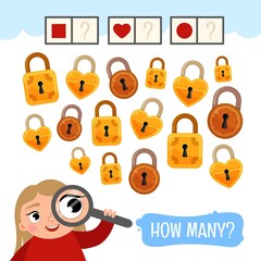 Counting educational children game, math kids activity sheet. How many locks of different shapes?