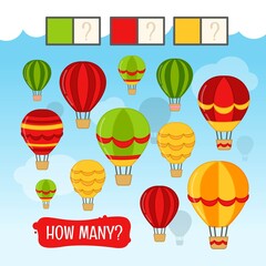 Counting educational children game, math kids activity sheet. How many air balloons of green, red and yellow colors?