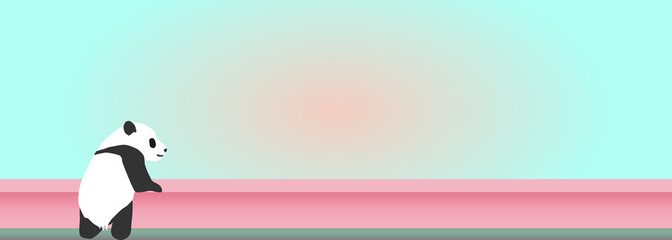 Panda in front of the bench. copy space, web banner, header, footer, vector illustration, landscape, blue, background, frame, gradation, 
