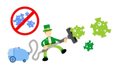 leprechaun shamrock celtic and vacuum cleaner clean catch virus corona pathogen cartoon doodle flat design style vector illustration