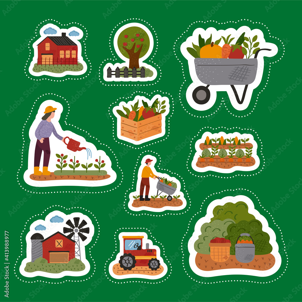 Canvas Prints bundle of ten farm and agriculture set icons in green background