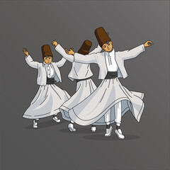 Three Dancing Whirling Dervishes in Traditional Attire