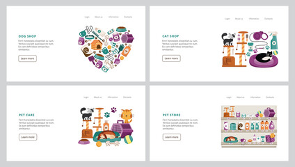 Set web banners for pets shop with care accessories, flat vector illustration.