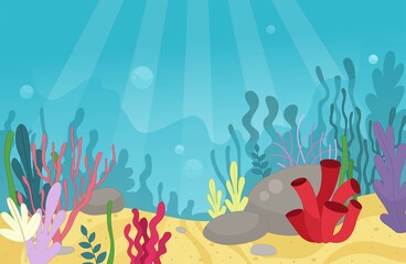 Fototapeta na wymiar Illustration of a undersea world landscape in cartoon style. Underwater plants and corals on the seabed.