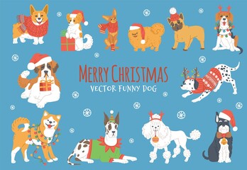Christmas dogs characters animals on winter background for design xmas holiday