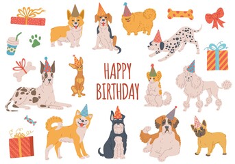 Fototapeta premium Birthday dogs characters set with gift boxes, flat vector illustration isolated.