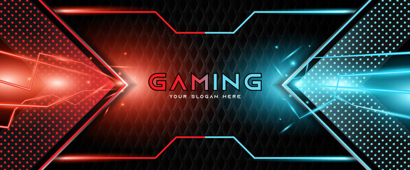 Futuristic red and blue abstract gaming banner design template with metal technology concept. Vector illustration for business corporate promotion, game header social media, live streaming background - obrazy, fototapety, plakaty