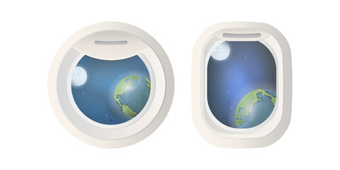 Set of Realistic gray portholes with space views. Isolated on a white background. Vector illustration