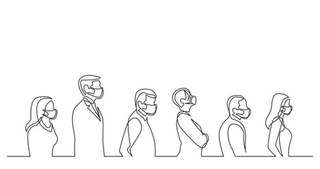 continuous line drawing of people standing in line wearing face masks