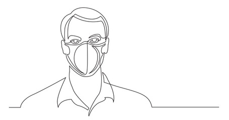 continuous line drawing of positive man wearing face mask portrait