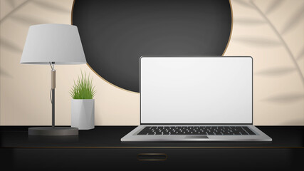 A laptop with a white screen stands on a black curbstone. Workplace. Layout for displaying sites, applications, games and advertisements. Realistic style. Vector illustration.