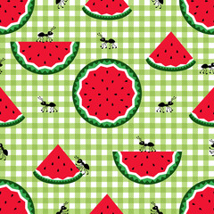 Picnic seamless pattern. Cute ants and slices of juicy watermelon on a checkered background. Vector cartoon design..