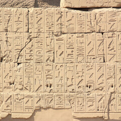 Fototapeta na wymiar A wall with lots of hieroglyphs in the temple of Karnak in Egypt. The close-up shows the many symbols and characters of ancient Egyptian culture. The wall is illuminated by the sun.