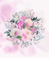 Watercolor soft pink bouquet flower and green leaves with soft pink petal background