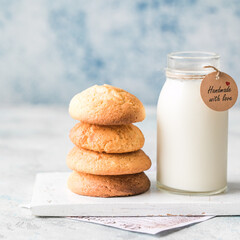 Freshly baked homemade crunchy cream cheese cookies. A delicious treat for gourmets. Biscuits on a grey concrete background. Biscuit.  Biscuits texture