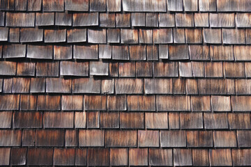 Close-up full frame view of a section of wood shingle siding of a building