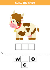 Spelling game for kids. Cartoon cute cow.