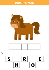 Spelling game for kids. Cartoon farm horse.