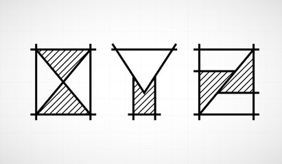 Architech font. Letters XYZ. Graphic black and white alphabet. Linear drawing alphabet for banners, logos and texts. Vector illustration.
