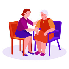 Support, care for the elderly. A young woman sits next to an elderly woman. Vector illustration in flat cartoon style. Isolated on a white background.