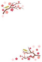 梅とメジロのベクターイラストフレーム縦04