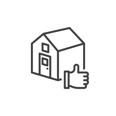 Obraz premium Real estate feedback line icon. linear style sign for mobile concept and web design. House and Thumb Up outline vector icon. Symbol, logo illustration. Vector graphics