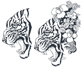 Sketch of tiger and girl tattoo. Illustration for internet and mobile website.