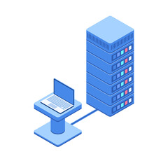 Cyber data security, server room connected with laptop. Isometric vector illustration. 3D.