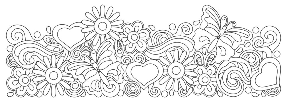 Coloring book. Hand drawn doodles illustration. Spring or summer floral vector border