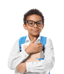 Little African-American schoolboy on white background