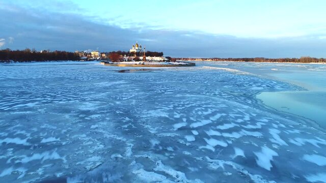 Flight to the arrow of the Volga and Kotorosl rivers on a January evening. Yaroslavl, the Golden Ring of Russia  