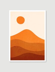 Mountain wall art. Vector earth tones landscapes backgrounds with moon and sun. Abstract arts design for wall framed prints, poster, cover, home decor, canvas prints, wallpaper.