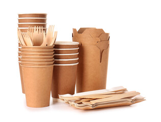 Eco tableware and containers on white background