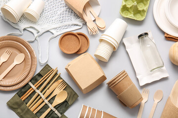 Eco composition with tableware on light background