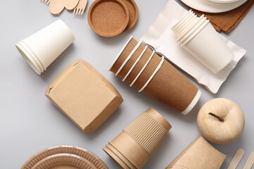 Eco composition with tableware on light background